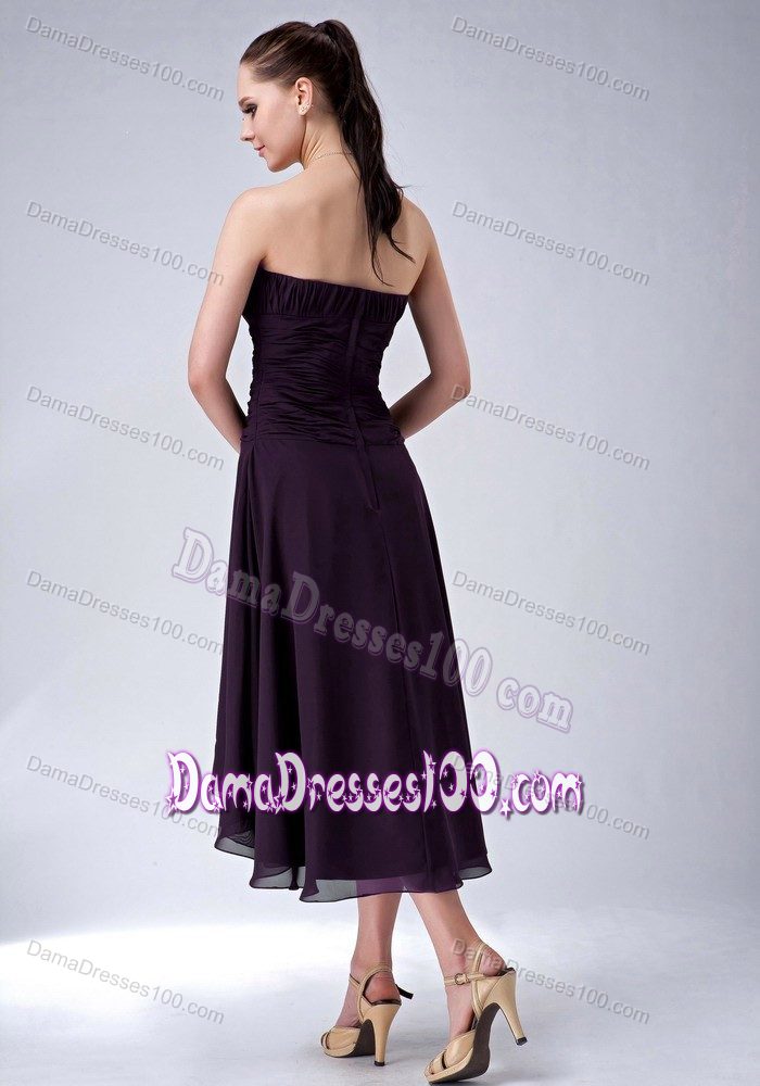 High-low Strapless Ruched Purple Zipper Up Back Prom Dama Dress