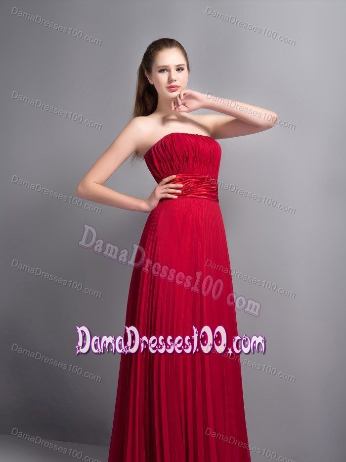 Pleated Chiffon Strapless Ruched Red Long Cocktail Dama Dresses