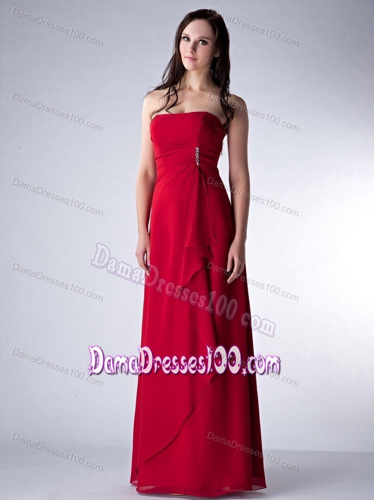 Beading Strapless Floor-length Wine Red Chiffon Dresses for Damas