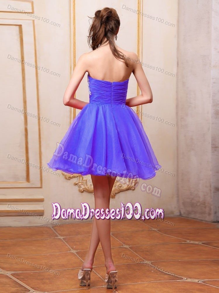 Appliques Strapless Ruched Purple Mini-length Quince Dama Dress