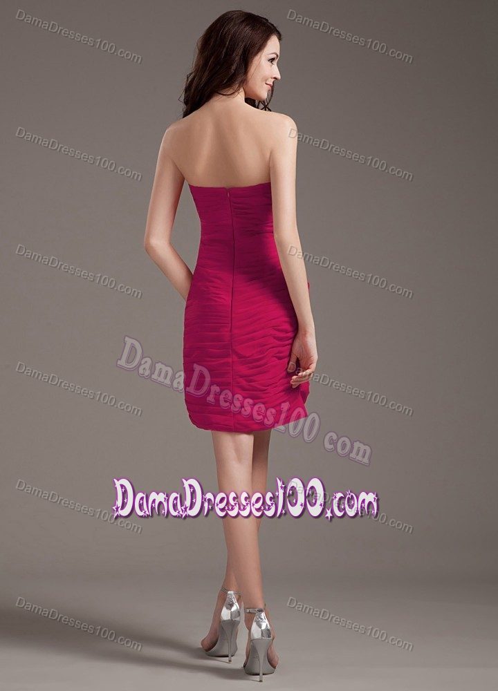 Strapless Beading Ruched Red Short Dama Dress with Asymmetrical Hem