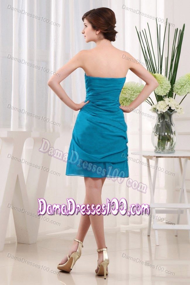 Ruched Strapless Teal Short Dama Dresses with Hand Made Flowers