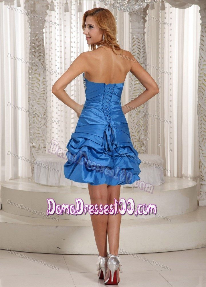 Lace Up Back Beading Strapless Pick-ups Blue Taffeta Dama Dress