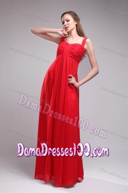Hot Sale Straps Ruched Floor-length Red Chiffon Dress for Damas