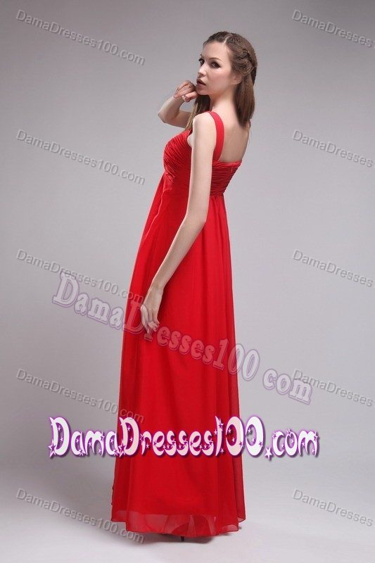Hot Sale Straps Ruched Floor-length Red Chiffon Dress for Damas