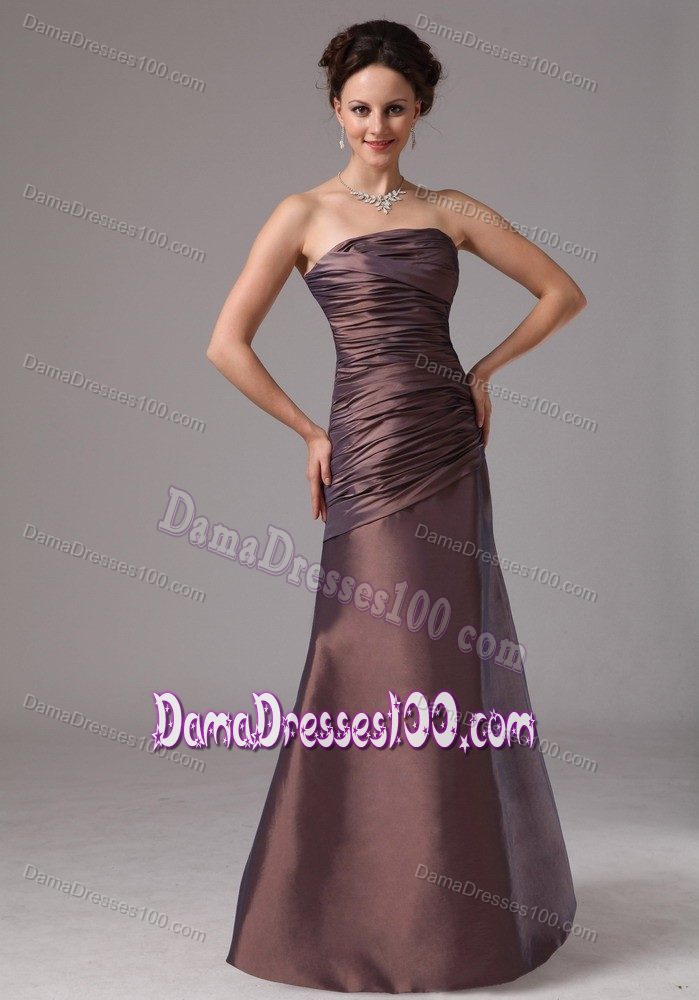Ruched Strapless Brown Taffeta Floor Length Formal Dama Dresses