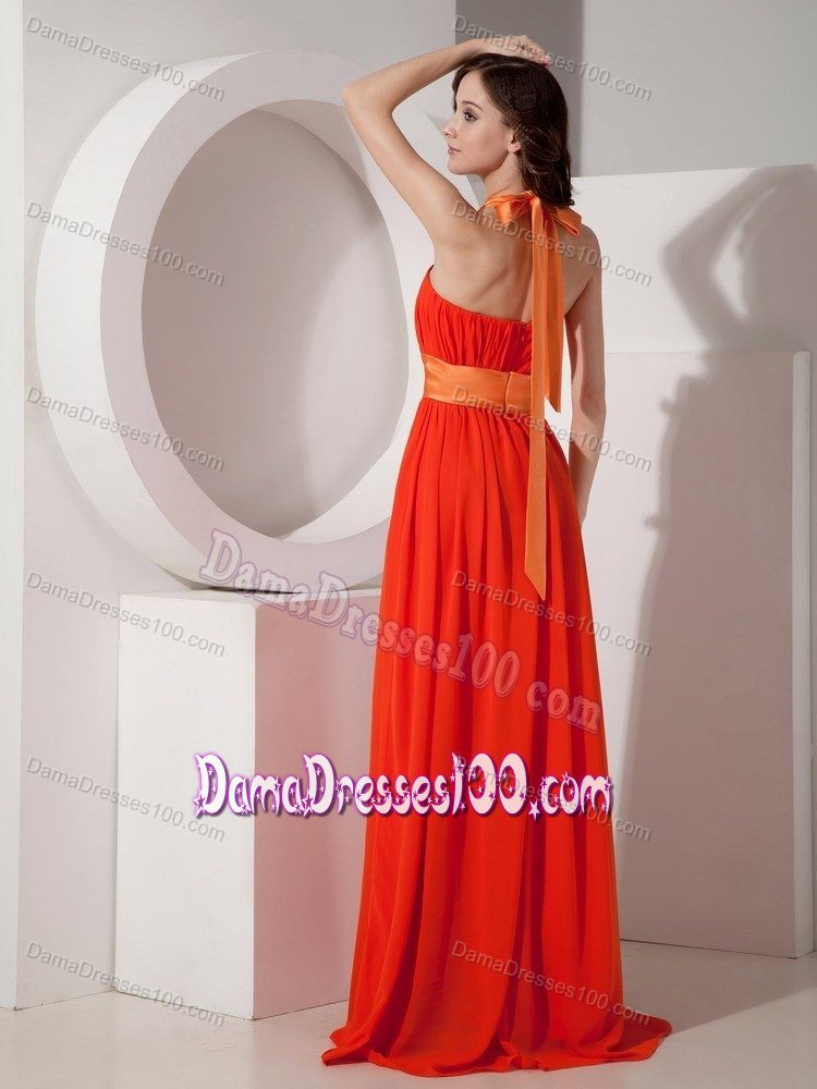 Adjustable Halter Top Sash Ruched Orange Chiffon Dama Dresses