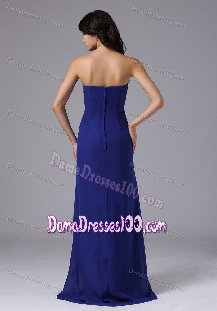 Blue Ruched Strapless Beading Chiffon Floor-length Dress for Dama