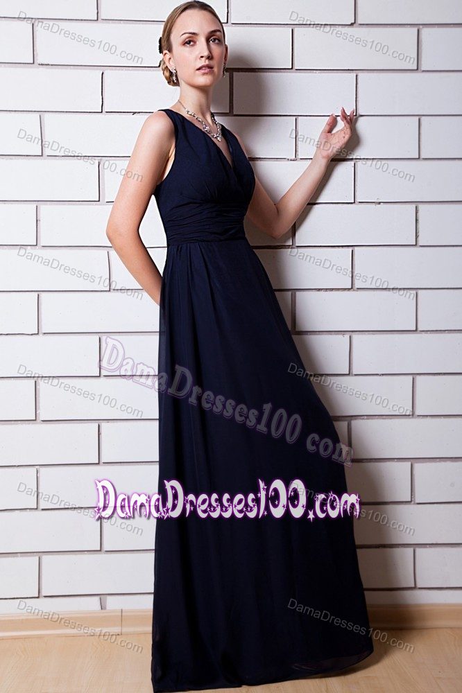 Deep V-neck Black Full Length Chiffon Dama Dresses for Quinceanera