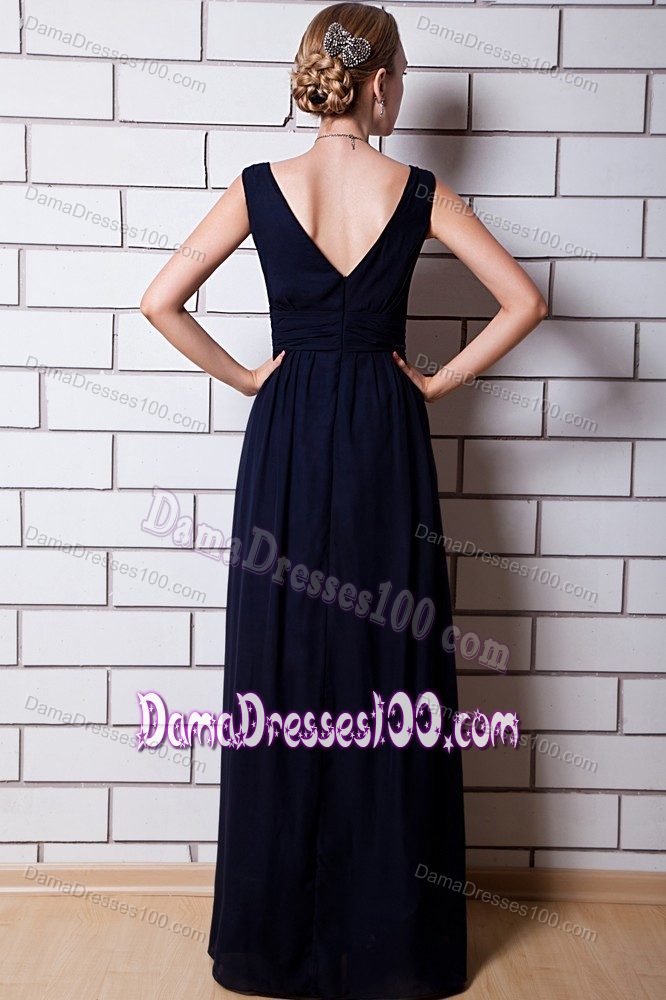 Deep V-neck Black Full Length Chiffon Dama Dresses for Quinceanera
