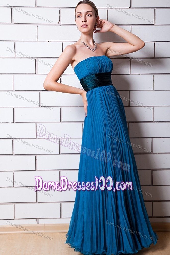 Pleated Strapless Ruched Floor-length Blue Organza Dama Gowns