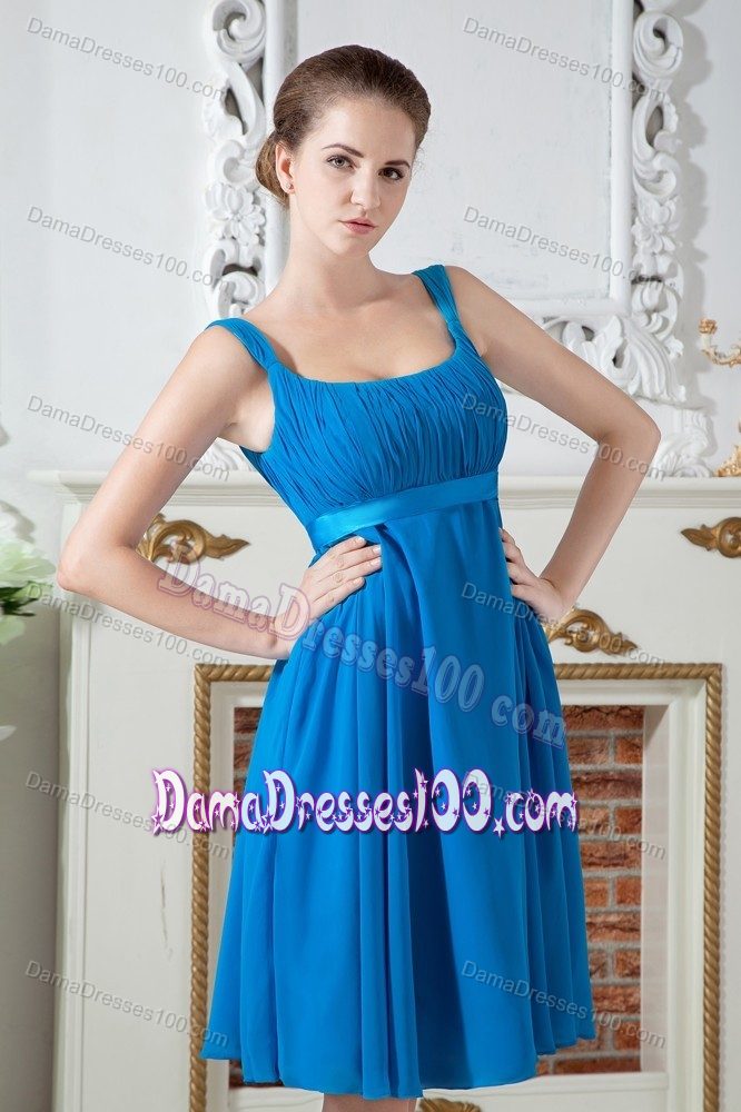 Ruched Straps Knee-length Teal Chiffon Zipper Up Dama Dresses