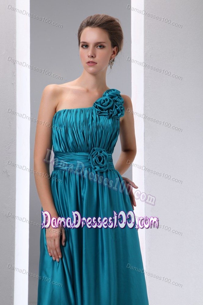 Hand Made Flower One Shoulder Ruched Teal Long Dama Gowns