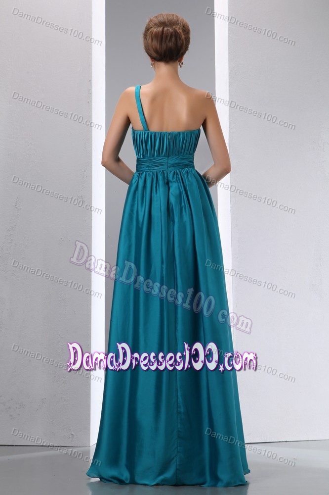 Hand Made Flower One Shoulder Ruched Teal Long Dama Gowns
