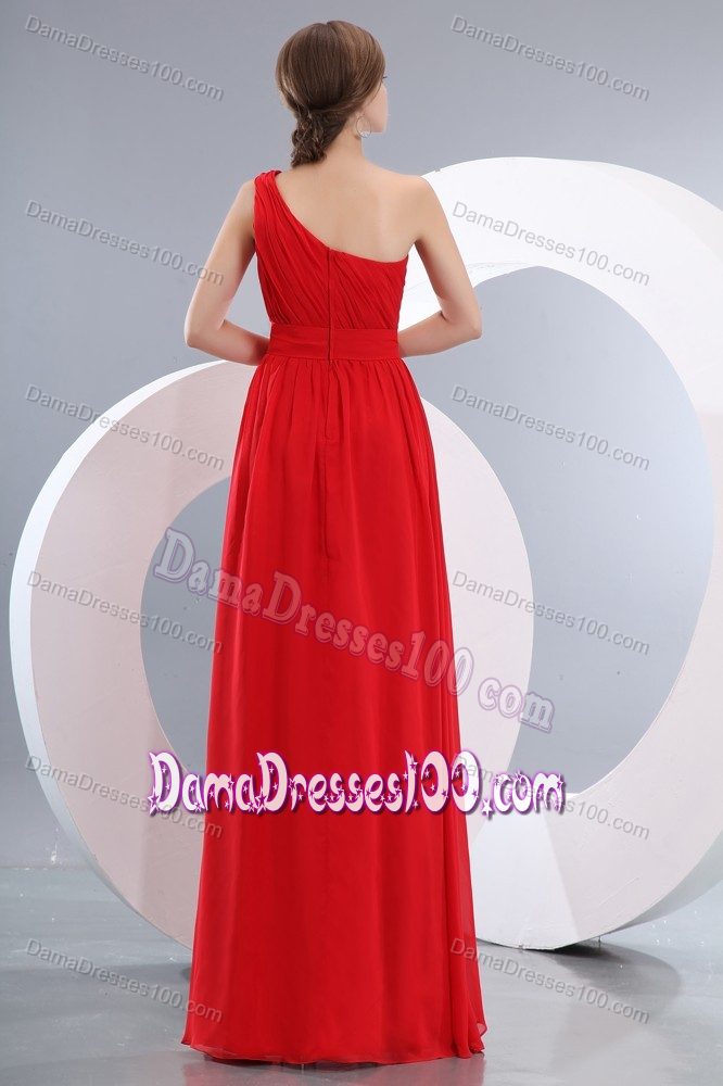 Floor-length One Shoulder Ruched Chiffon Red Dresses for Damas