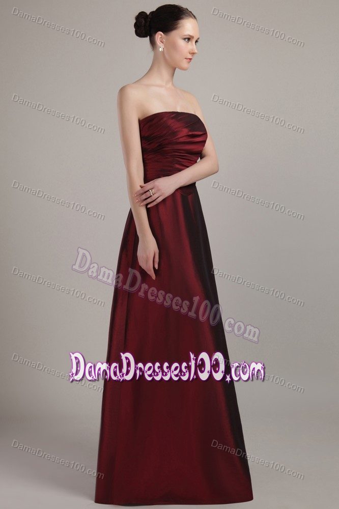 Graceful Strapless Wine Red Taffeta Full Length Party Dama Dresses