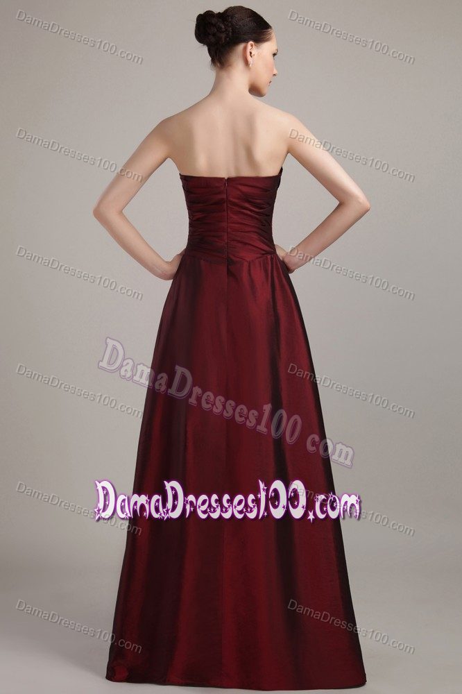 Graceful Strapless Wine Red Taffeta Full Length Party Dama Dresses