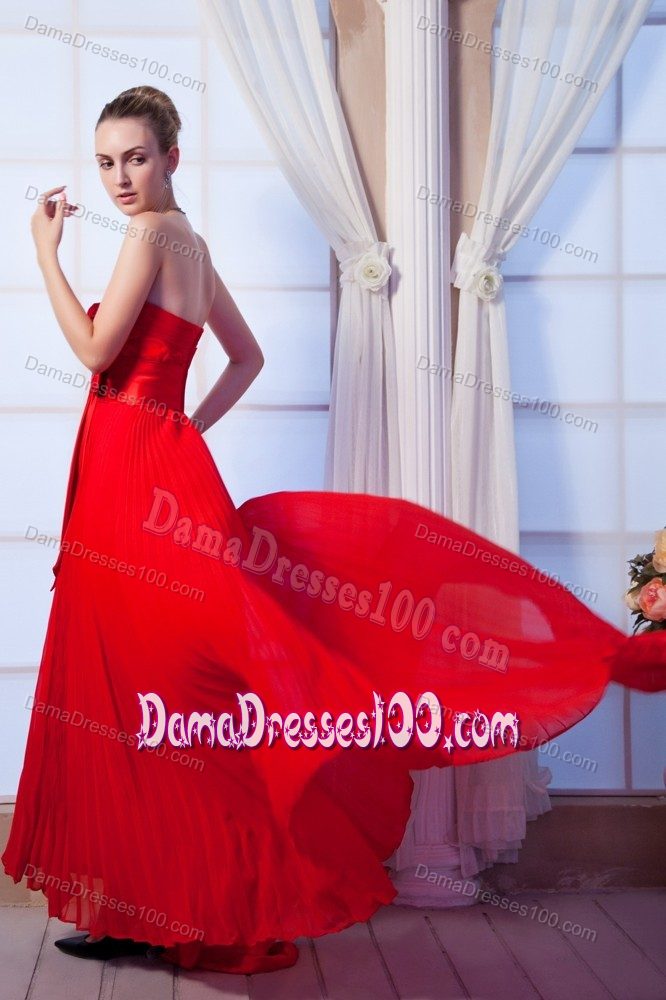 Bowknot Strapless Ruched Red Pleated Floor-length Dama Gowns