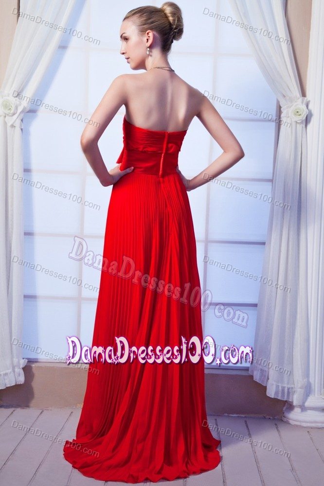 Bowknot Strapless Ruched Red Pleated Floor-length Dama Gowns