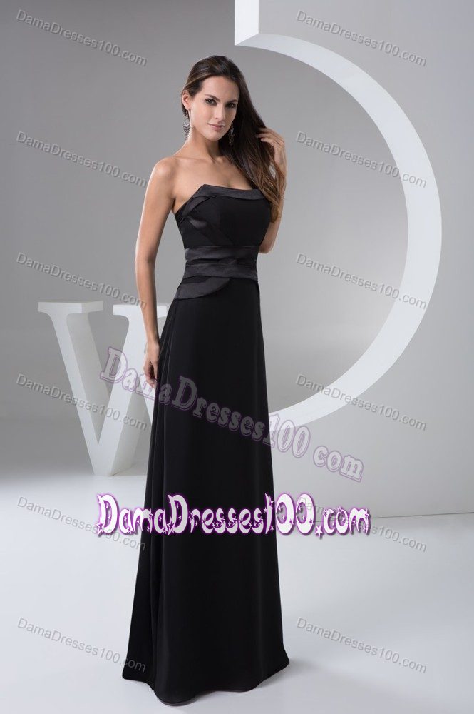 Simple Strapless Black Chiffon Floor-length Bridesmaid Dama Dress