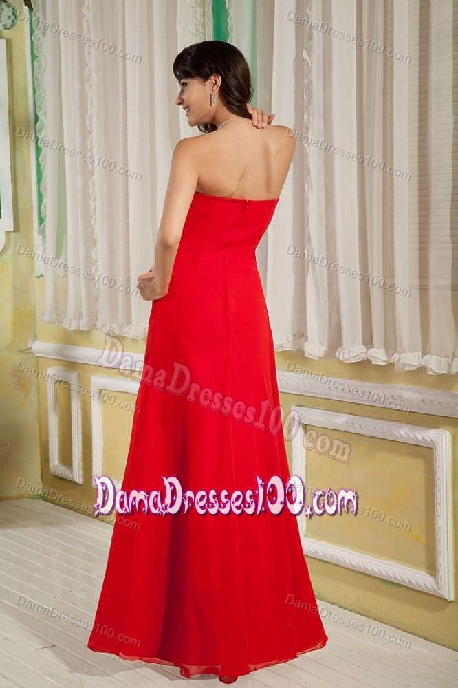 Strapless Ruched Zipper Up Floor-length Red Chiffon Dama Dress
