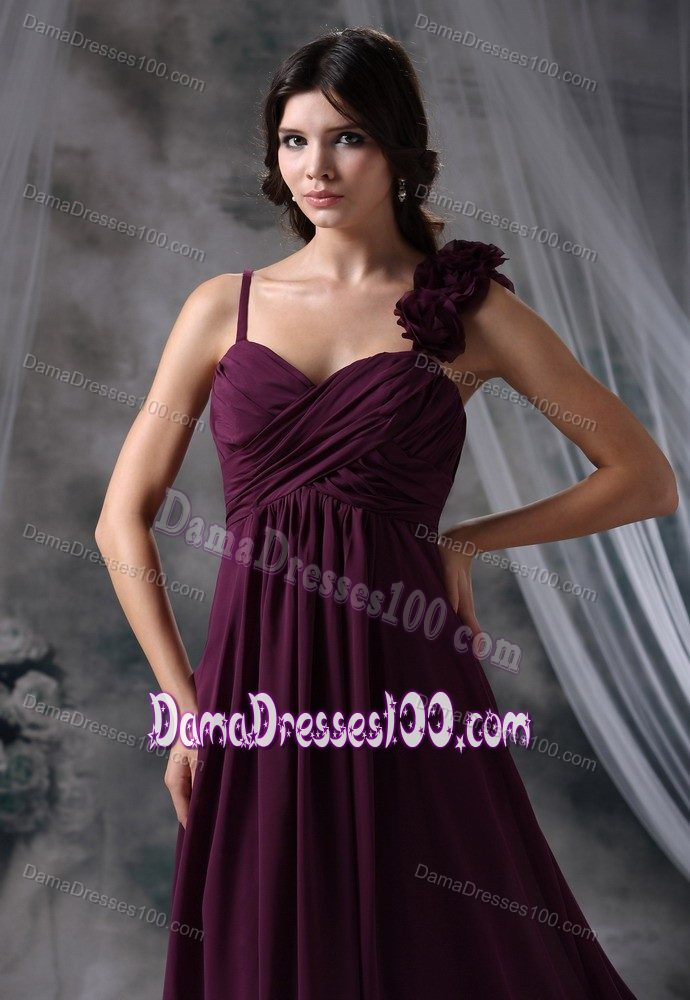 Long Handmade Flower Straps Ruched Dark Purple Dama Dresses