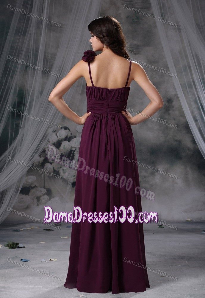 Long Handmade Flower Straps Ruched Dark Purple Dama Dresses