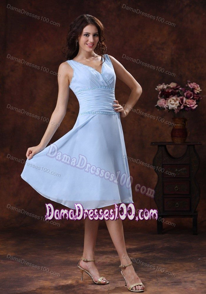 Beading V-neck Ruched Lilac Knee-length Cocktail Dress for Dama