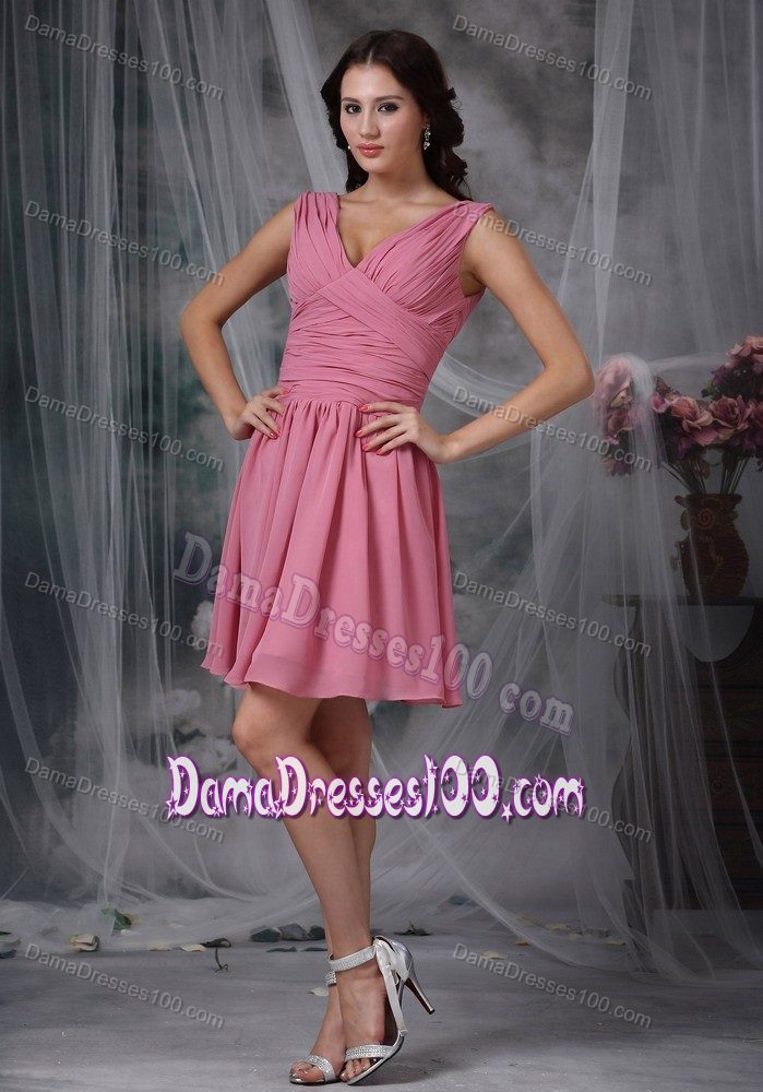 V-neck Ruched Mini-length Roes Pink Prom Dresses for Dama