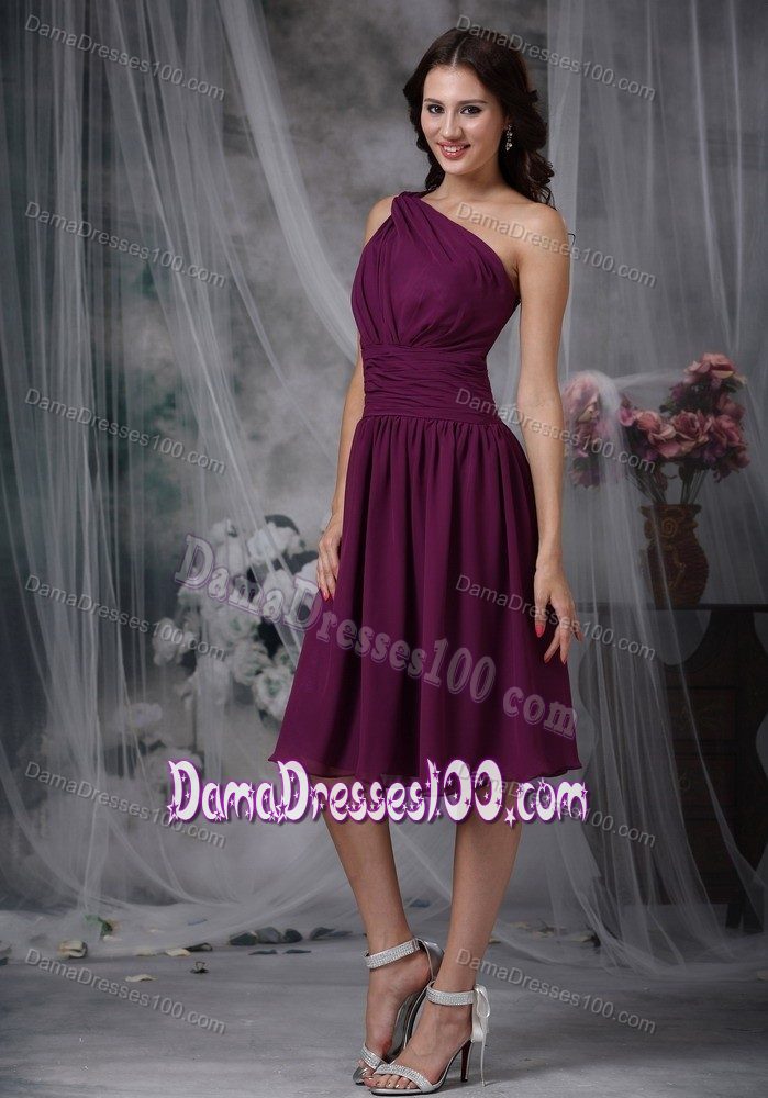 Ruched One Shoulder Knee-length Purple Party Dama Dress