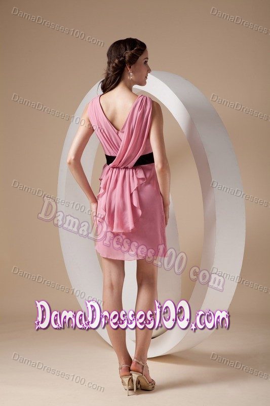 Side Zipper V-neck Ruched Mini-length Rose Pink Dress for Dama