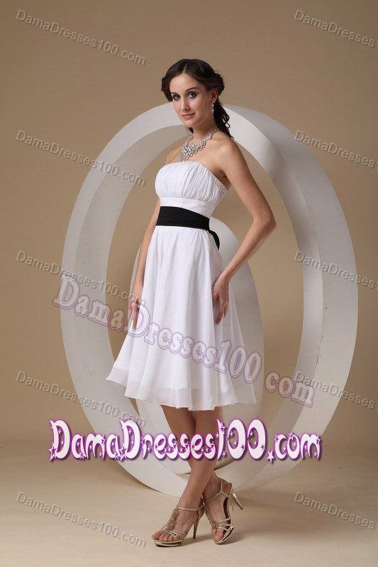 Simple Strapless Ruched White Chiffon Dama Dress with Black Sash