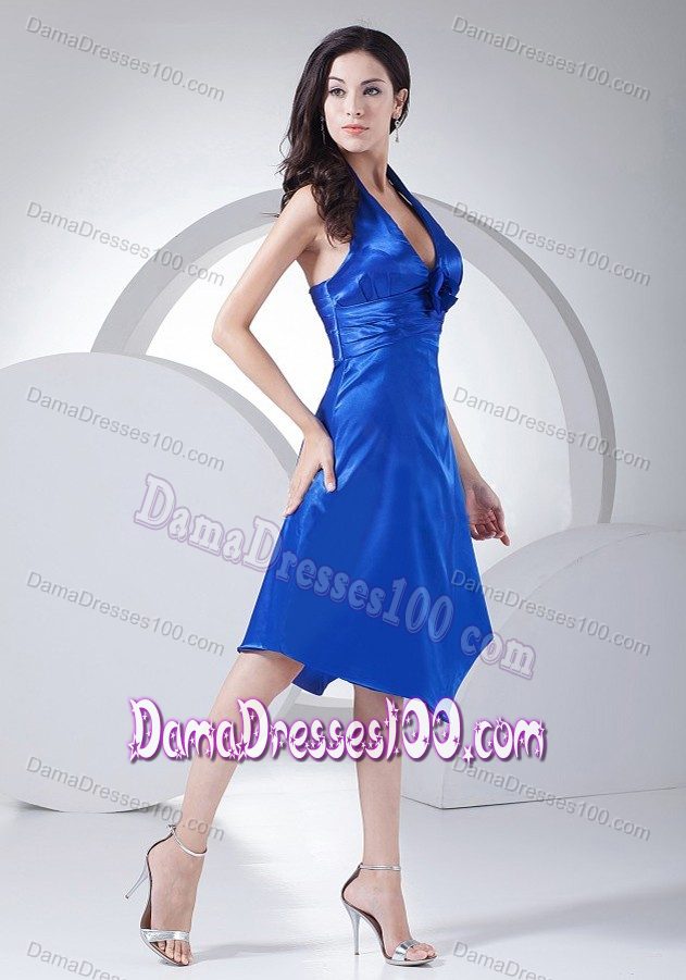 Taffeta Halter Top Ruched Royal Blue Dama Gown with Flowers