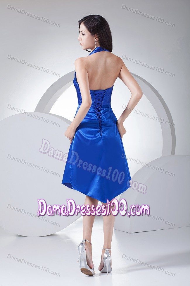 Lace Up Ruched Halter Top Taffeta Knee-length Party Dama Dress
