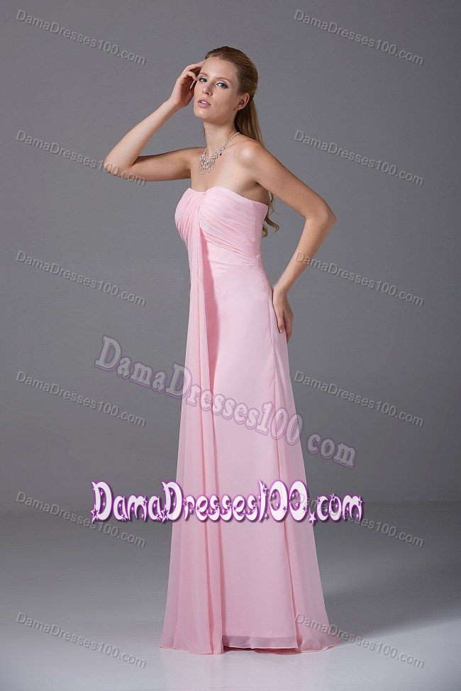 Floor-length Strapless Ruched Pink Chiffon Zipper Up Dama Dresses