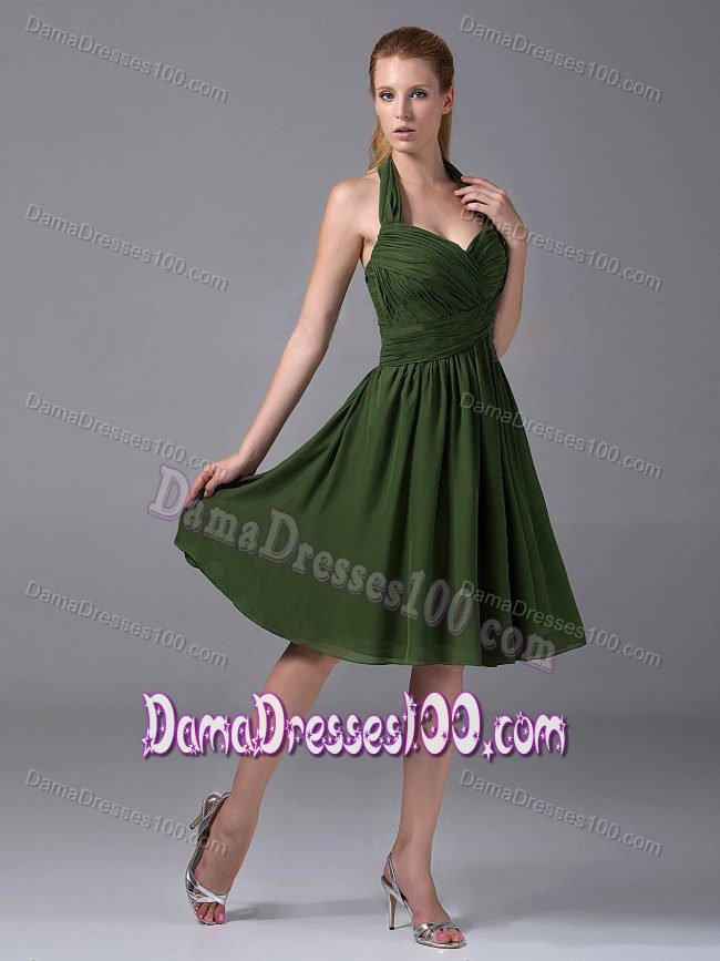 Olive Green Halter Top Ruched Chiffon Knee-length Dama Dresses