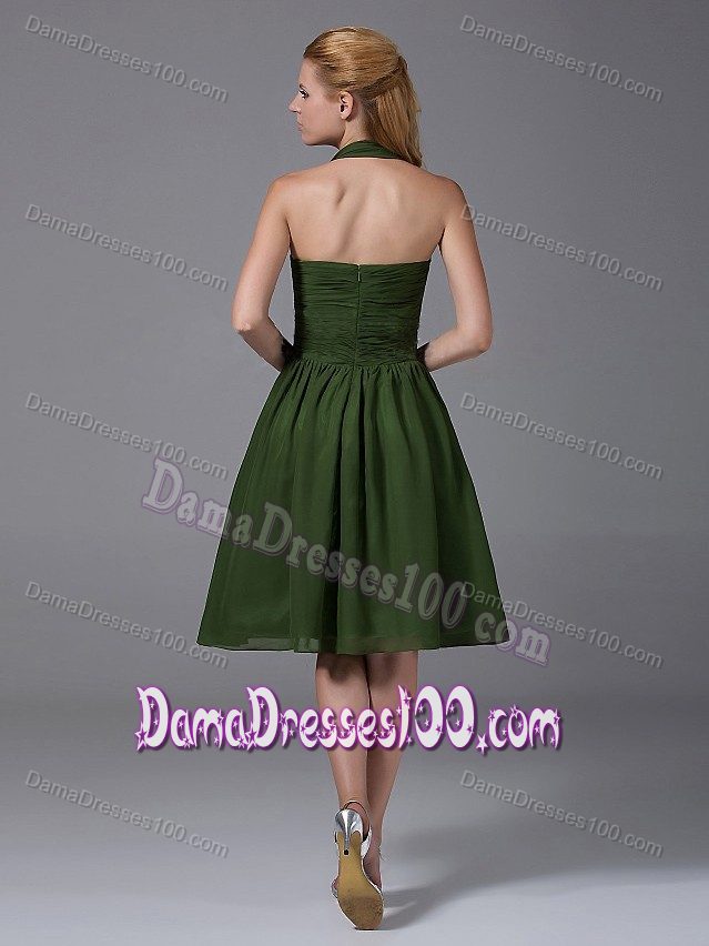 Cool Back Halter Olive Green Ruched Chiffon 15 Dresses for Damas