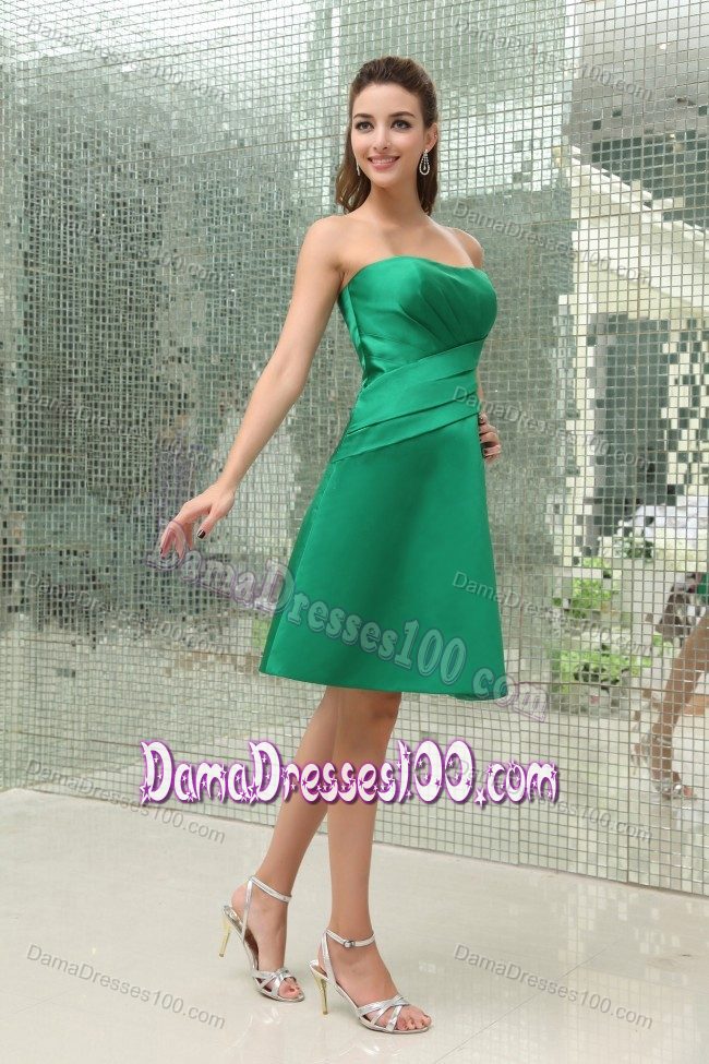 Ruched Strapless Zipper Up Green Taffeta Formal Dama Dress