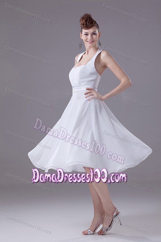 Halter Top Backless Chiffon Tea-length White Prom Dress for Dama