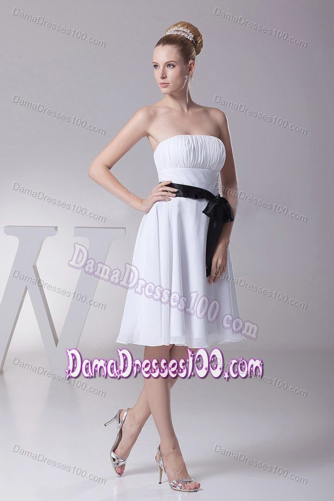 Ribbons Strapless Ruched White Chiffon Quinceanera Dama Dress