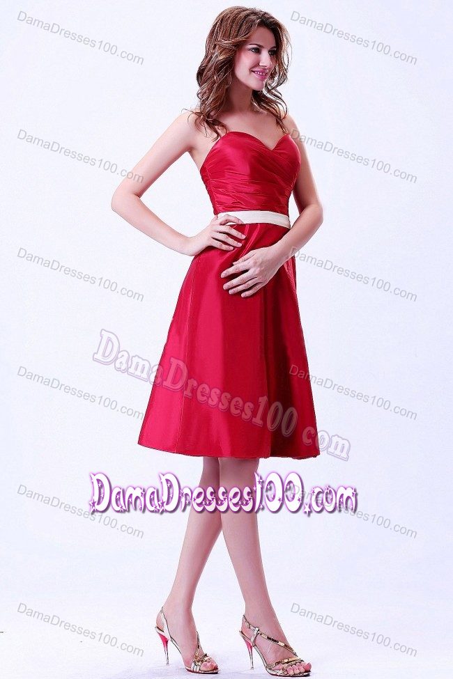 Sweetheart Belt Ruched Wine Red Knee-length Cocktail Dama Dress