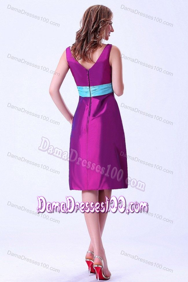 V-neck Knee-length Purple Zipper Up Taffeta Dama Dresses with Blue Belt