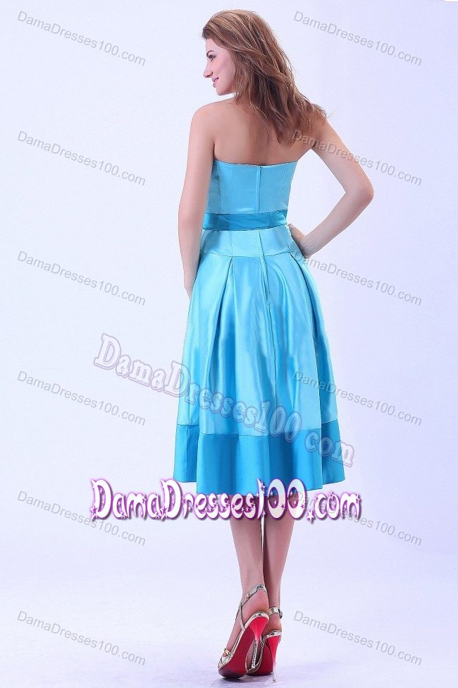 Lovely Strapless Tea-length Aqua Blue Satin Quince Dama Dress