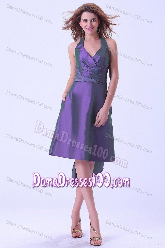 Backless Halter Big Bowknot Ruched Purple Taffeta Dama Dresses