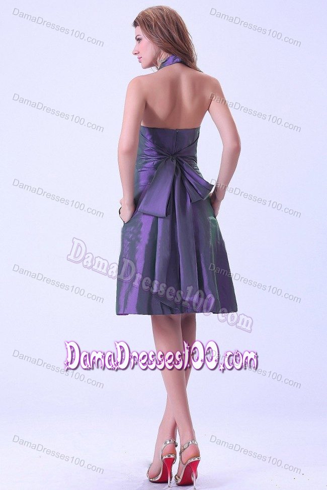 Backless Halter Big Bowknot Ruched Purple Taffeta Dama Dresses