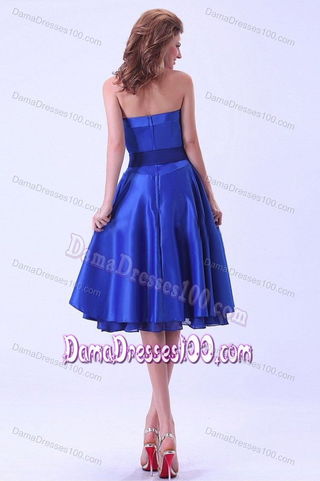 Layers Sash Strapless Royal Blue Satin Tea-length Quince Dama Gown