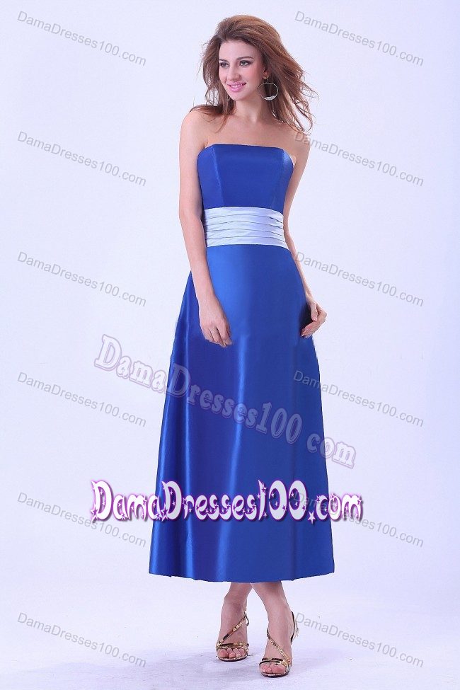Taffeta Strapless Sash Tea-length Royal Blue Dama Quinceanera Dress