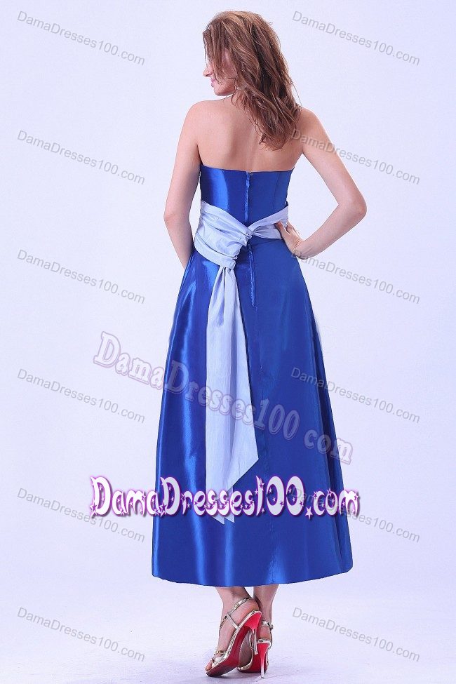 Taffeta Strapless Sash Tea-length Royal Blue Dama Quinceanera Dress