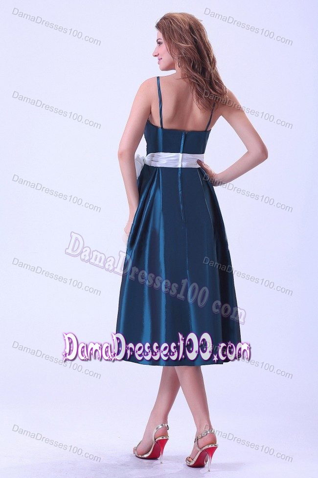 Tea-length Peacock Green Dama Gown with Straps and Bowknot