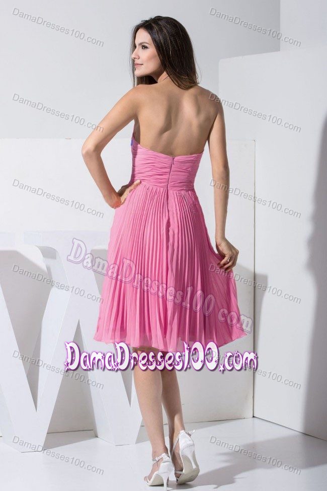 Pleated Sweetheart Beading Knee-length Rose Pink Dama Dresses